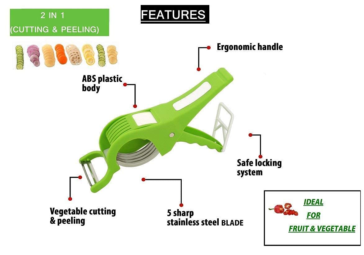 2 in 1 Vegetable & Fruit Multi Cutter & Peeler, Veg Cutter Sharp Stainless Steel 5 Blade Vegetable Cutter with Peeler