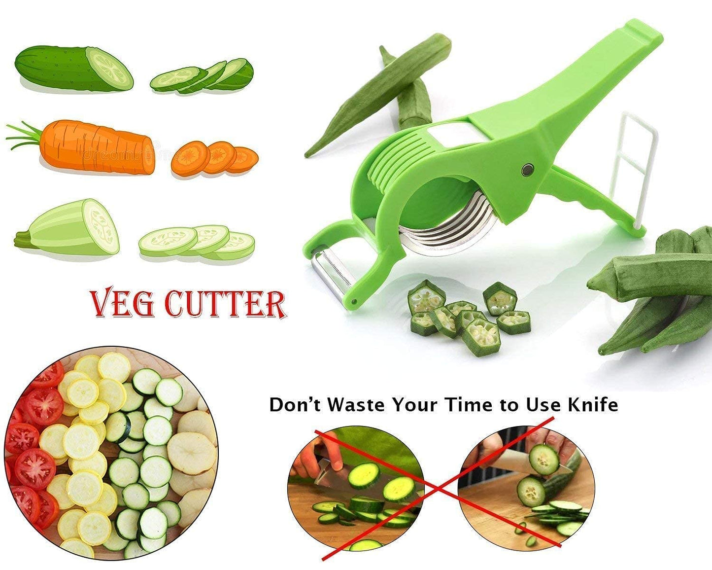 2 in 1 Vegetable & Fruit Multi Cutter & Peeler, Veg Cutter Sharp Stainless Steel 5 Blade Vegetable Cutter with Peeler