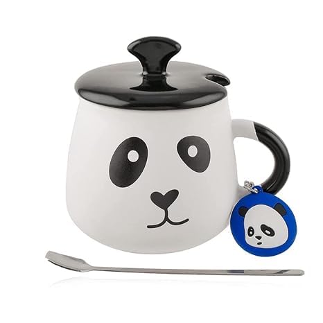 S&A, Ceramic Panda Printed Mug with LID with Steel Spoon for Coffee, Teacup, Used for Office and Home | White Mug with Black LID, 450ml Pack of 1 Include A Free Panda Keychain |