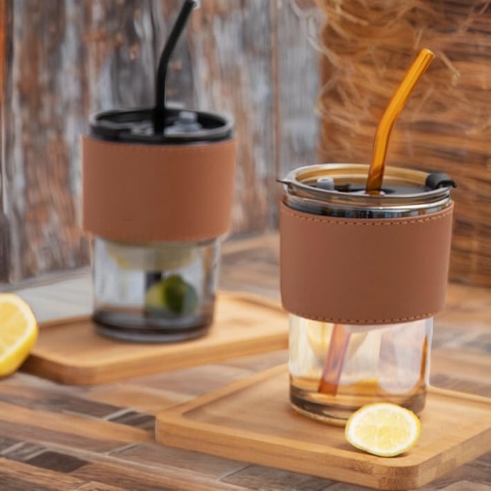 S&A Home Decor 435ml Black | Versatile Glass Sipper | Office Cup | Travelling Cup | Mug with Lid | Leather Grip