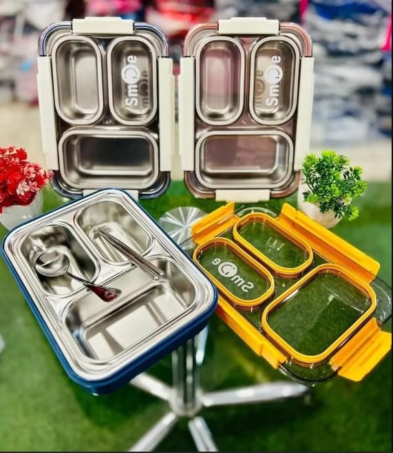 S&A Home Decor S&A, Stainless Steel BENTO Lunch Box Leak Proof Lunch Box for School, for Office, for Travel Leakage Proof with Steel Spoon & Chopsticks, Insulated Steel Box