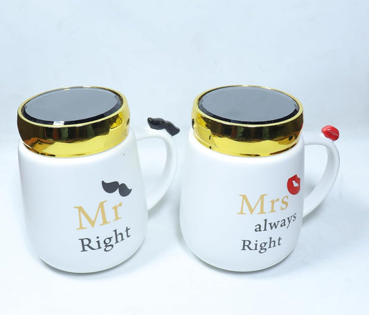 S&A, Designing Ceramic Glass Mirror Coffee Mug Set with Mr. & Mrs. Patterns, Combo for Couples, LID with Mirror for Girls| Classic White Colour Mug| Engraved with Golden Words. Pack of 2.