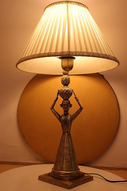 S&A Home Decor, Kalash with Lady Rajasthani Brass Table LAMP with Fabric Designing Shade for Your Living Room, Bedroom, Offices, (PLATTED Frill Shade)