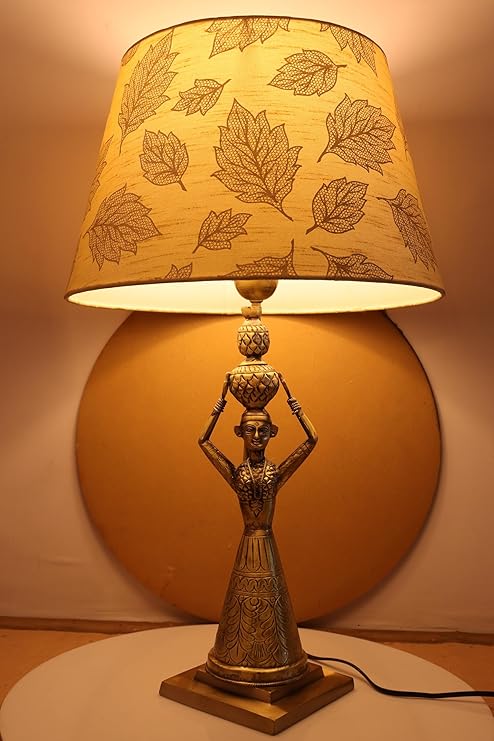 S&A Home Decor, Kalash with Lady Rajasthani Brass Table LAMP with Fabric Designing Shade for Your Living Room, Bedroom, Offices, (Golden Leaf Shade)